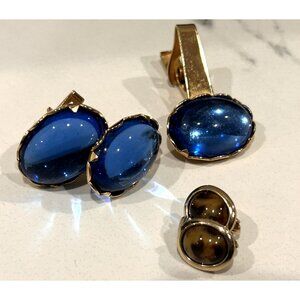 EMMONS EMJ SET LOT 3 GOLD CUFF LINKS & TIE BAR CLIP BLUE & TORTOISE MCM MOD EUC
